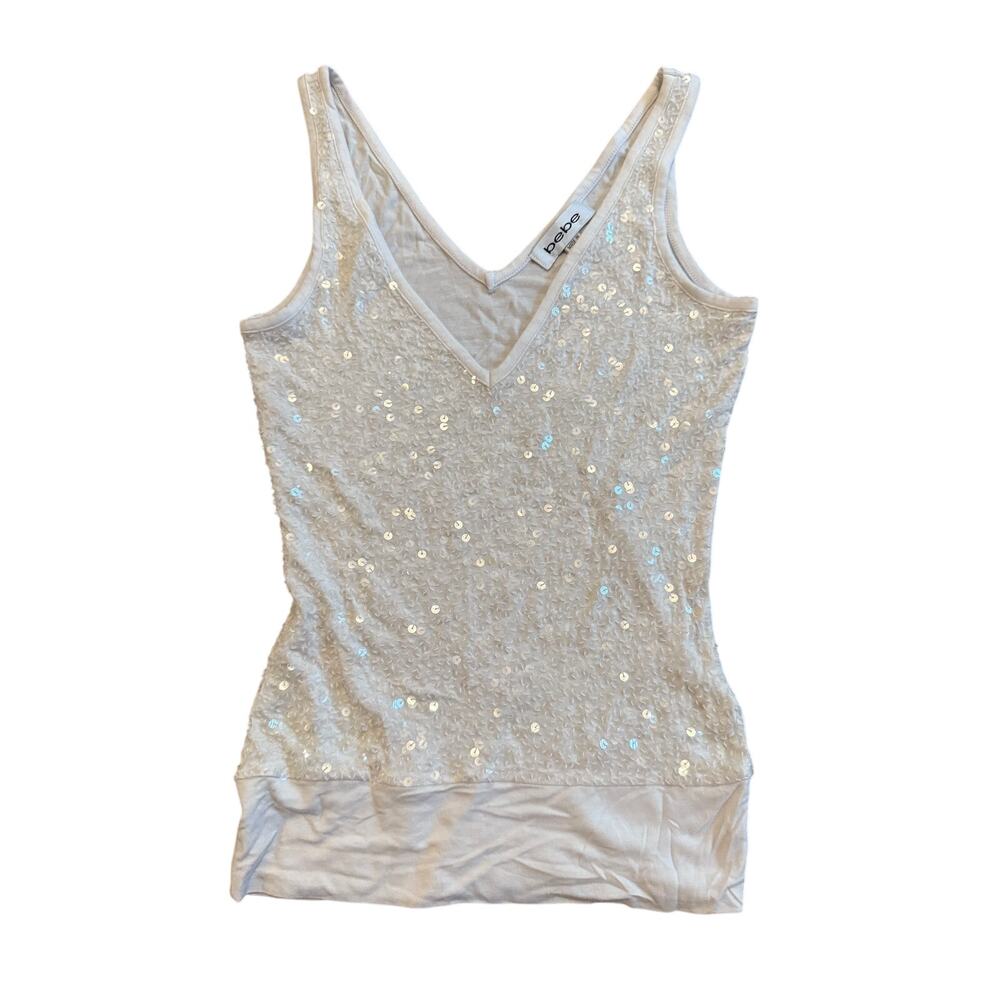 New Bebe Vintage Y2K White Full Sequins V Neck Tank Shirt S